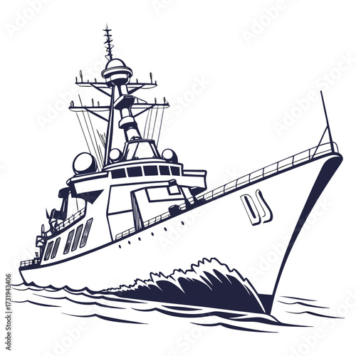 Modern warship sailing through wavy ocean waters with a stylized outline illustration