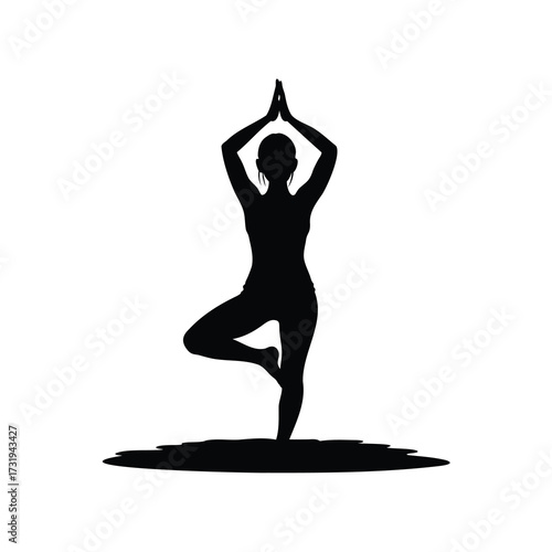 Silhouette of a woman performing the tree pose yoga asana elegantly, woman practicing yoga outdoors silhouette vector illustration