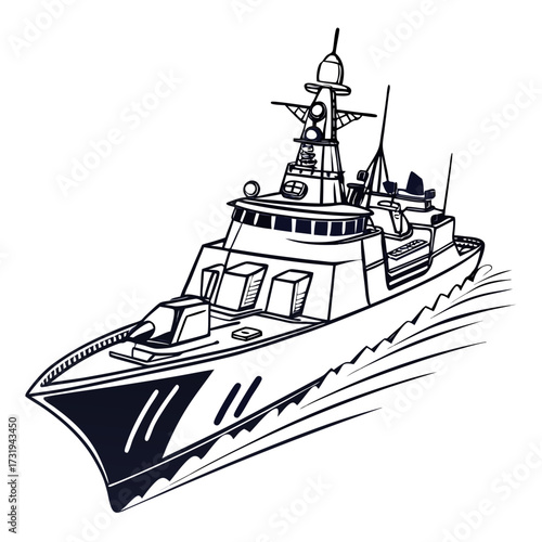 Modern warship vessel sailing on the ocean with a gun turret and radar system