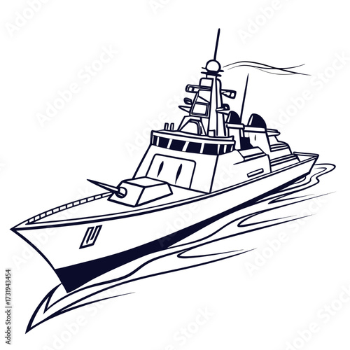 Modern warship with a gun turret and radar sailing through stylized wavy water on a white background