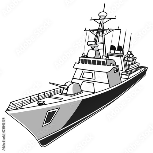 Modern warship with a gun turret and radar mast depicted in a clean illustrative style on a white background