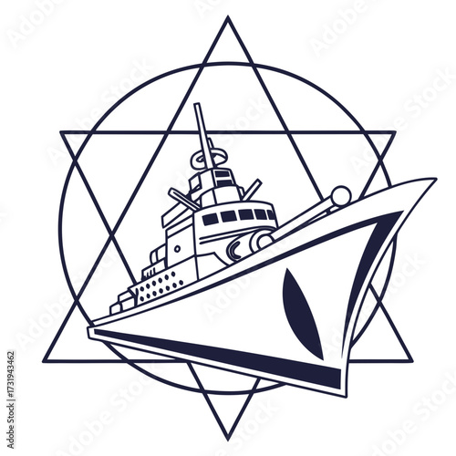 Modern warship silhouette against a geometric star and circle emblem for naval power and defense