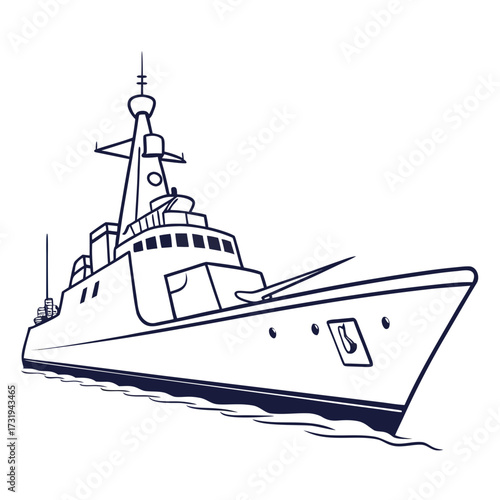 Modern warship vessel with gun and radar mast sailing on wavy water in a stylized line art illustration