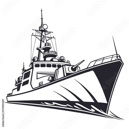 Modern warship with a prominent gun turret and radar mast sailing through stylized waves