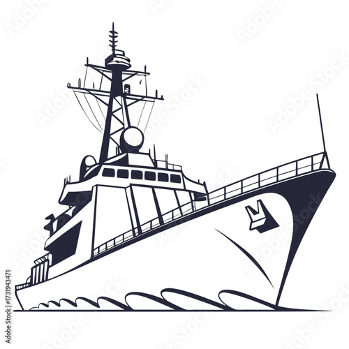 Modern warship sailing through stylized waves with a clear sky and detailed superstructure and mast