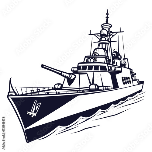Modern warship with cannon and radar systems sailing through wavy ocean waters under white background