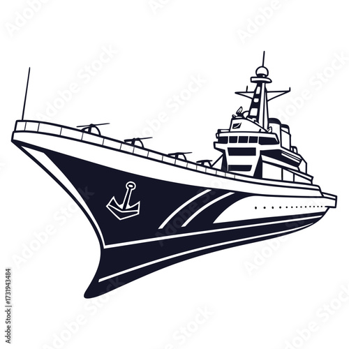 Modern warship with anchor emblem sailing on the ocean with a clear sky above