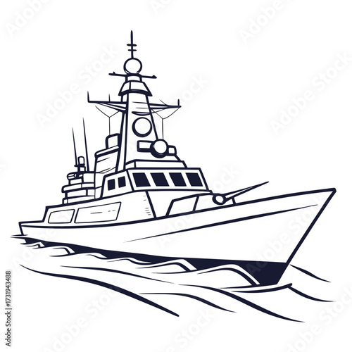 Modern warship with gun and radar mast sailing through stylized waves in a simple line art illustration