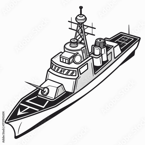 Stylized black and white illustration of a modern warship with a prominent gun turret and radar mast