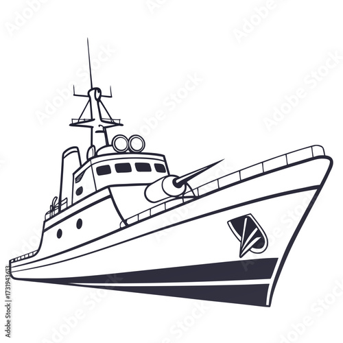 Stylized black and white illustration of a modern warship with a prominent cannon and antenna against a white background