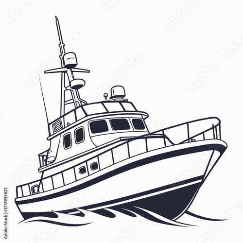 Stylized black and white illustration of a modern motor yacht cruising through gentle waves on a clear day