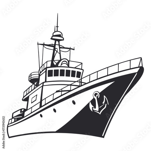 Stylized black and white illustration of a modern fishing trawler boat with an anchor on its bow