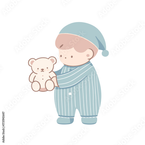 Cute cartoon child in pajamas holding a teddy bear isolated on a transparent background