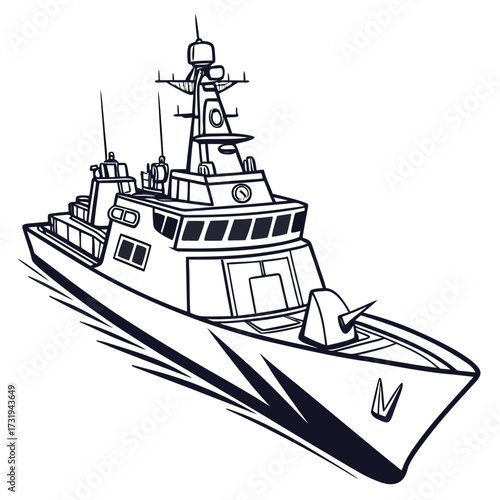 Stylized black and white illustration of a modern warship sailing at sea with a prominent gun turret