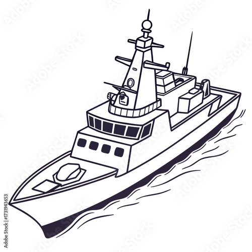 Stylized black and white line art illustration of a modern warship cruising through gentle waves on a clear day