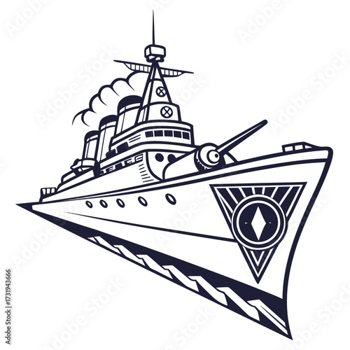 Stylized black and white illustration of a powerful warship with smoke billowing from its funnels and a prominent gun