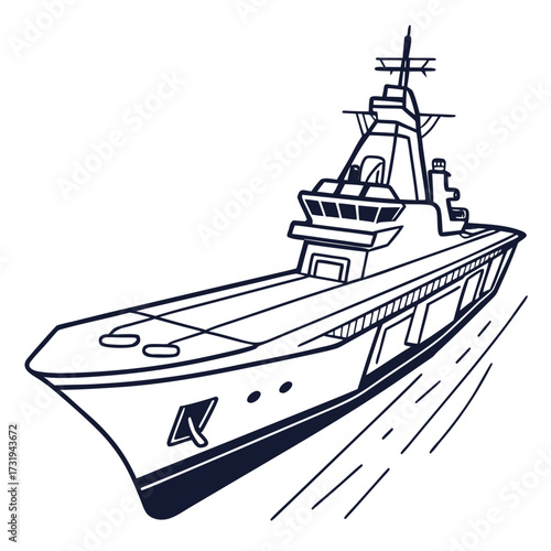 Stylized black and white line drawing illustration of a modern naval warship sailing on the ocean