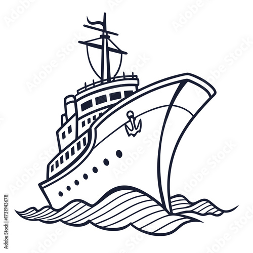 Stylized black and white line art illustration of a large cruise ship sailing through wavy ocean waters