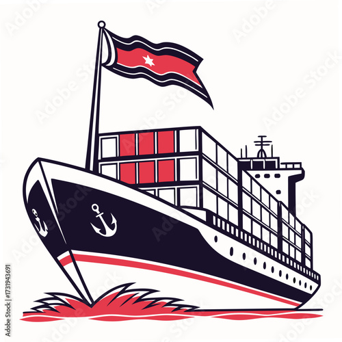 Stylized cargo ship with red and white containers and a flag flying prominently on the mast