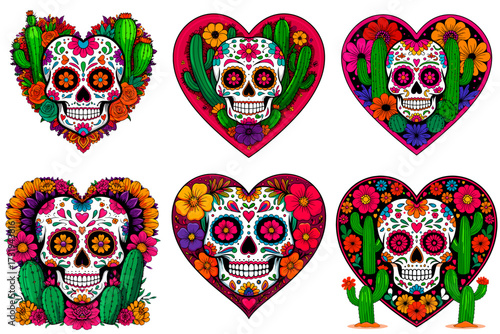 Set of colorful sugar skulls and hearts with flowers and cacti isolated on transparent background
