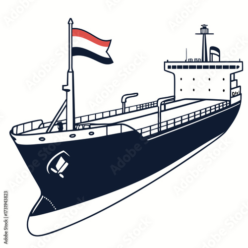 Stylized illustration of a dark blue cargo ship with a red white and black flag flying from its mast