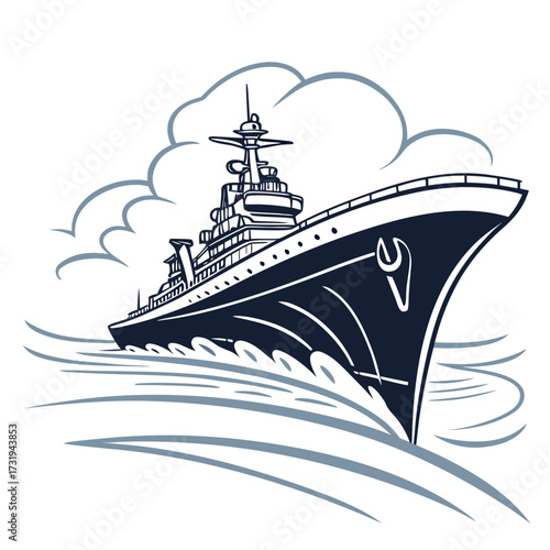 Stylized illustration of a large dark blue warship sailing through choppy blue water with stylized clouds overhead