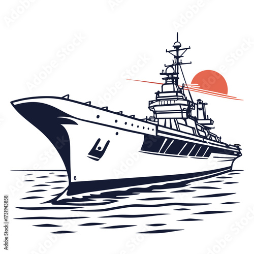 Stylized illustration of a large modern navy aircraft carrier sailing on the ocean at sunset with a minimalist sun