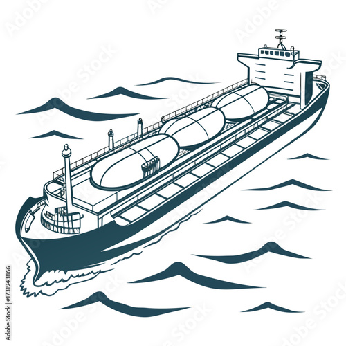 Stylized illustration of a large cargo ship with spherical tanks sailing on wavy blue seas