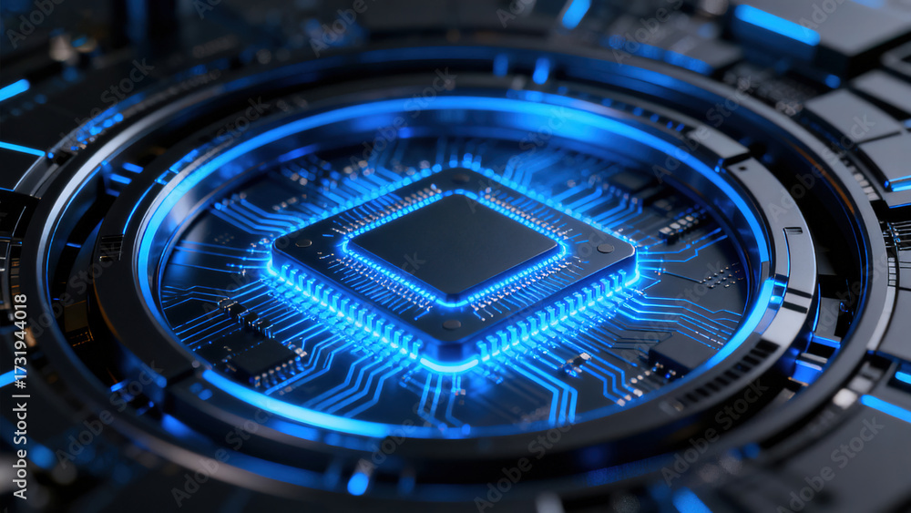 Fototapeta premium Futuristic Blue Microchip on Circuit Board with Circular Accents