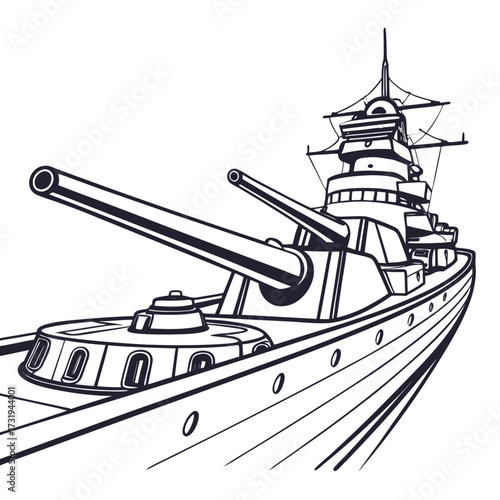 Stylized illustration of a powerful warship with large cannons and a detailed superstructure against a white background