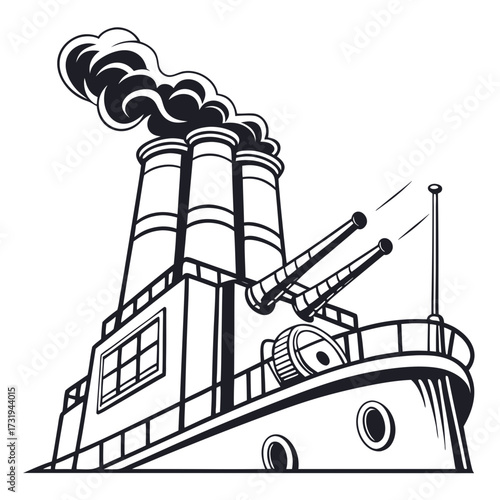 Stylized illustration of a vintage steamship with three smokestacks emitting smoke and two cannons on deck