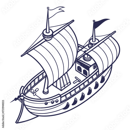 Stylized isometric line art illustration of a classic sailing ship with full sails and flags