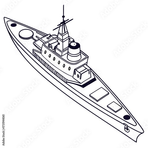 Stylized isometric line art illustration of a modern warship or naval vessel with a helideck and radar mast