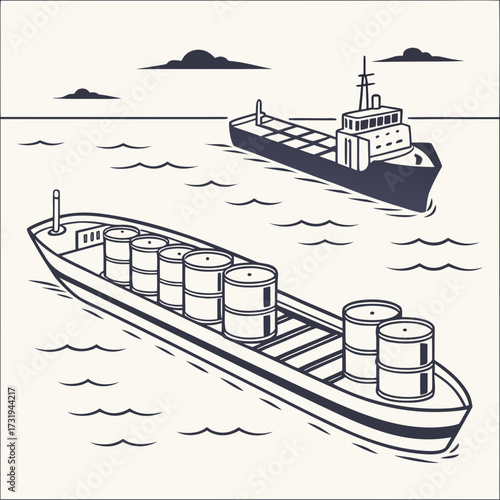 Two cargo ships sailing on the ocean with one carrying large barrels and the other a container ship