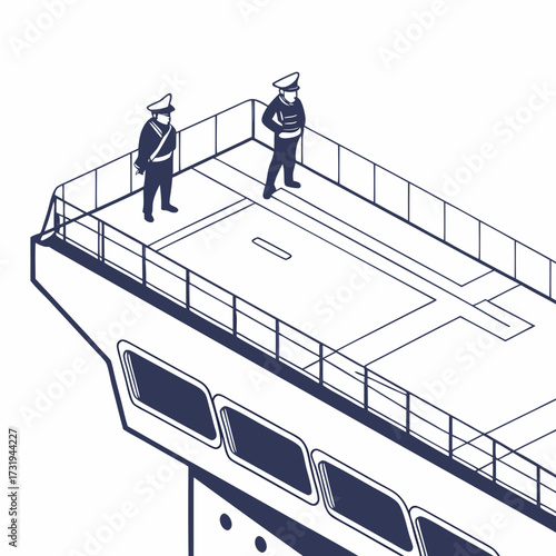 Two uniformed officers stand guard on the deck of a large ship with a clear blue outline against a white background