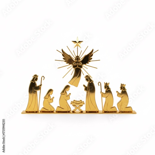 A golden nativity scene statuette, isolated on a white