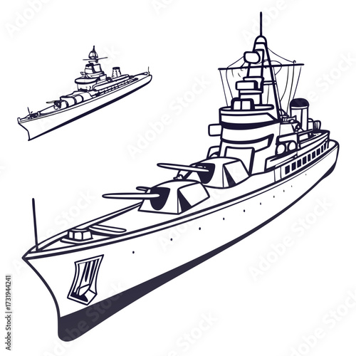 Two stylized line art drawings of powerful warships with large cannons and detailed superstructures on a white background