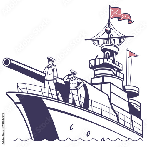 Two naval officers in uniform stand on the deck of a large warship with flags flying high above