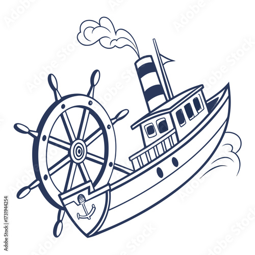 Whimsical cartoon steamship with a large ship s wheel and anchor emblem sailing through blue waves
