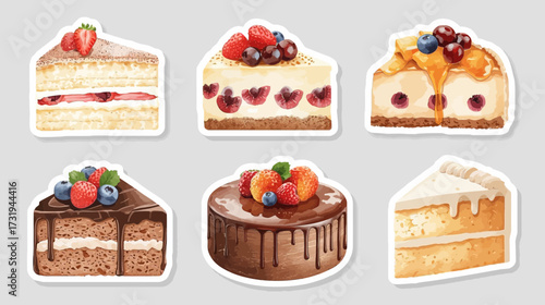Watercolor cake slices with various toppings, arranged in two rows.