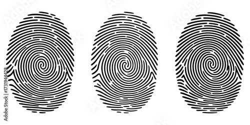 Set of three black fingerprint scans with unique biometric patterns isolated on transparent background for digital identity security authentication forensic investigation and personal identification