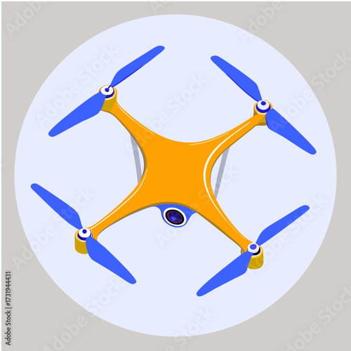 A  rendered image of a drone is centrally positioned, slightly angled upwards, on a pale blue background. The drone is predominantly orange, with the body featuring a light-orange striped pattern, the