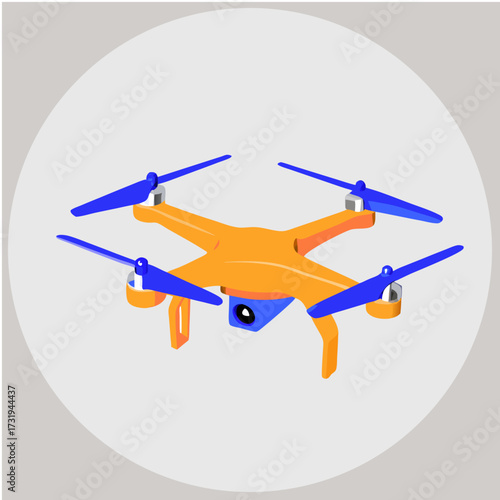 A  rendered image of a drone is centrally positioned, slightly angled upwards, on a pale blue background. The drone is predominantly orange, with the body featuring a light-orange striped pattern, the