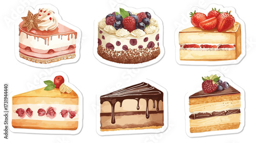 Watercolor cake slices stickers: strawberry, chocolate, berry.