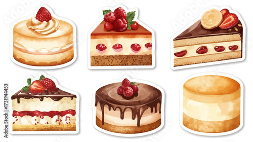 An illustration featuring six different cake slices and a small round cake, all decorated with fruit.