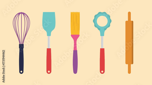 Illustration of kitchen utensils including whisk, spatula, and rolling pin.