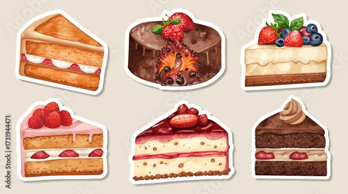 Illustration of six different slices of cake with various toppings and fillings, presented as sticker art.