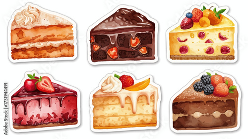 A collection of six watercolor-style cake slice illustrations, each with unique flavors and toppings.
