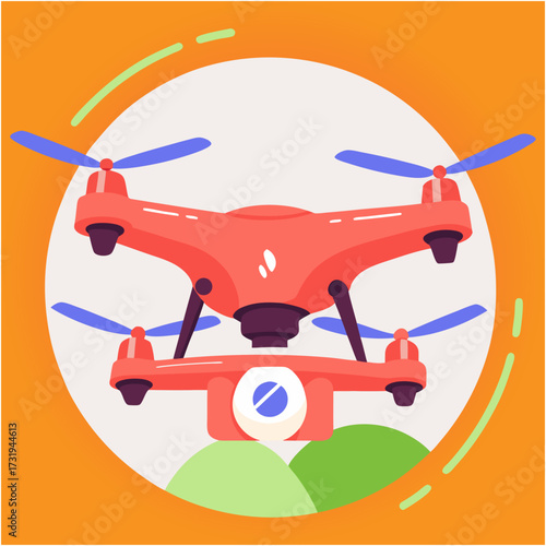 A  rendered image of a drone is centrally positioned, slightly angled upwards, on a pale blue background. The drone is predominantly orange, with the body featuring a light-orange striped pattern, the