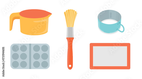 Baking tools: measuring cup, brush, cookie cutter, muffin pan, and silicone mat.